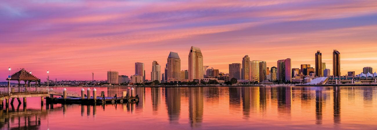 San Diego Bay reflection of San Diego skyline at sunset