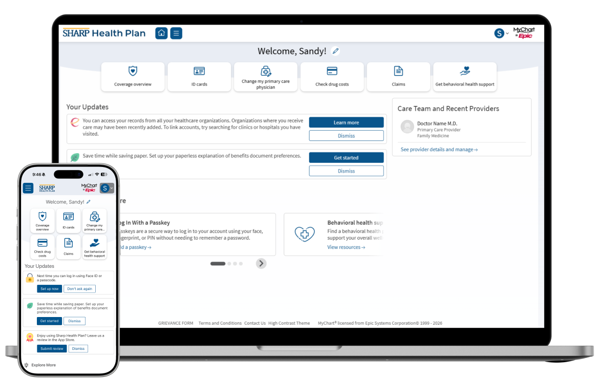Sharp Health Plan online account on desktop and Sharp Health Plan mobile app